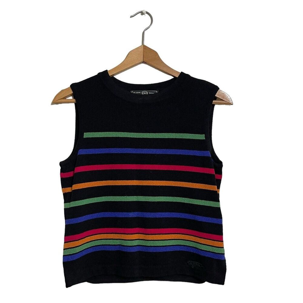 ST JOHN SPORT Tank Top Size 2 Black Striped Knit Round-neck Sleeveless Blouse